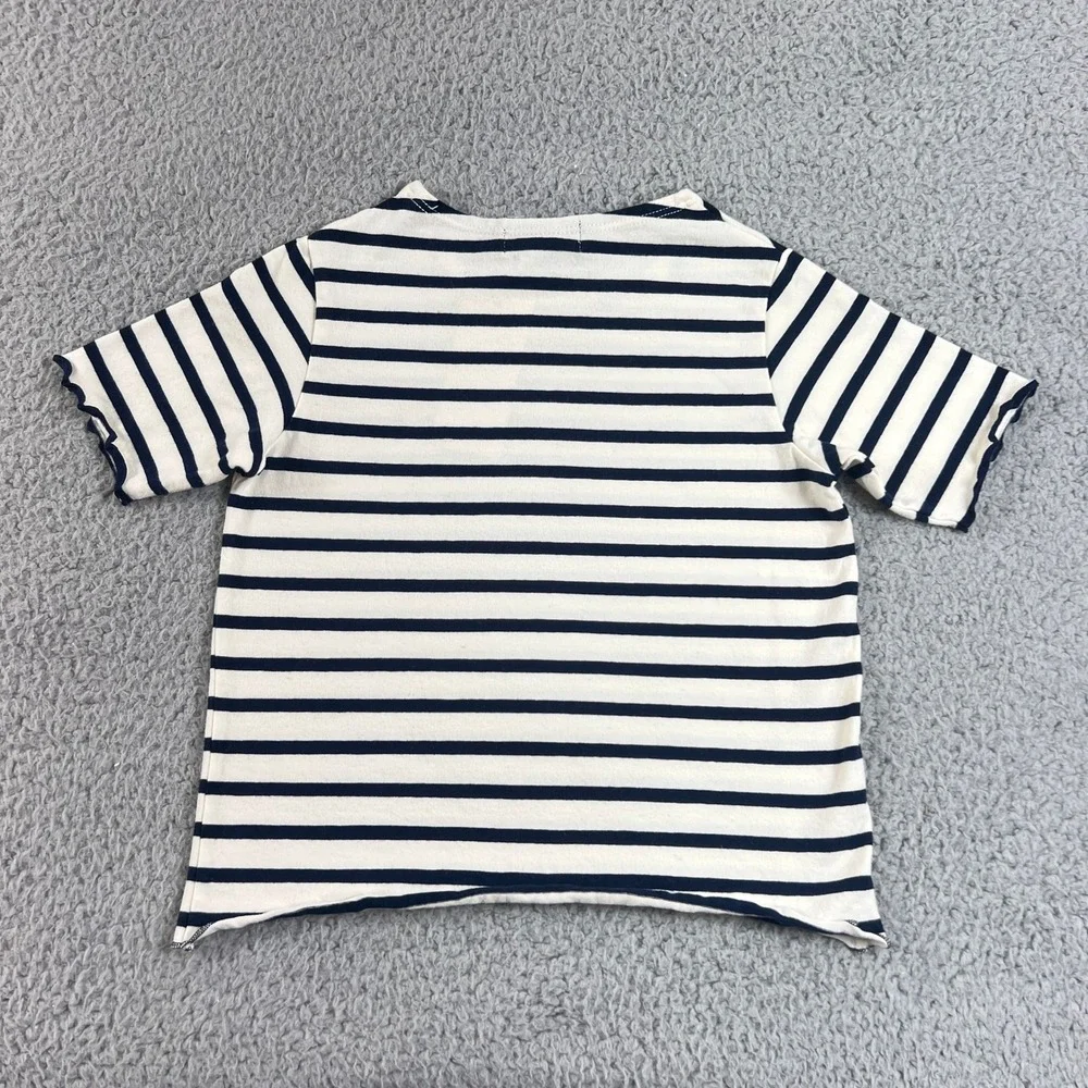 Ralph Lauren T-Shirt Girls 5 White Navy Striped Short Sleeve Lettuce Trim Pony